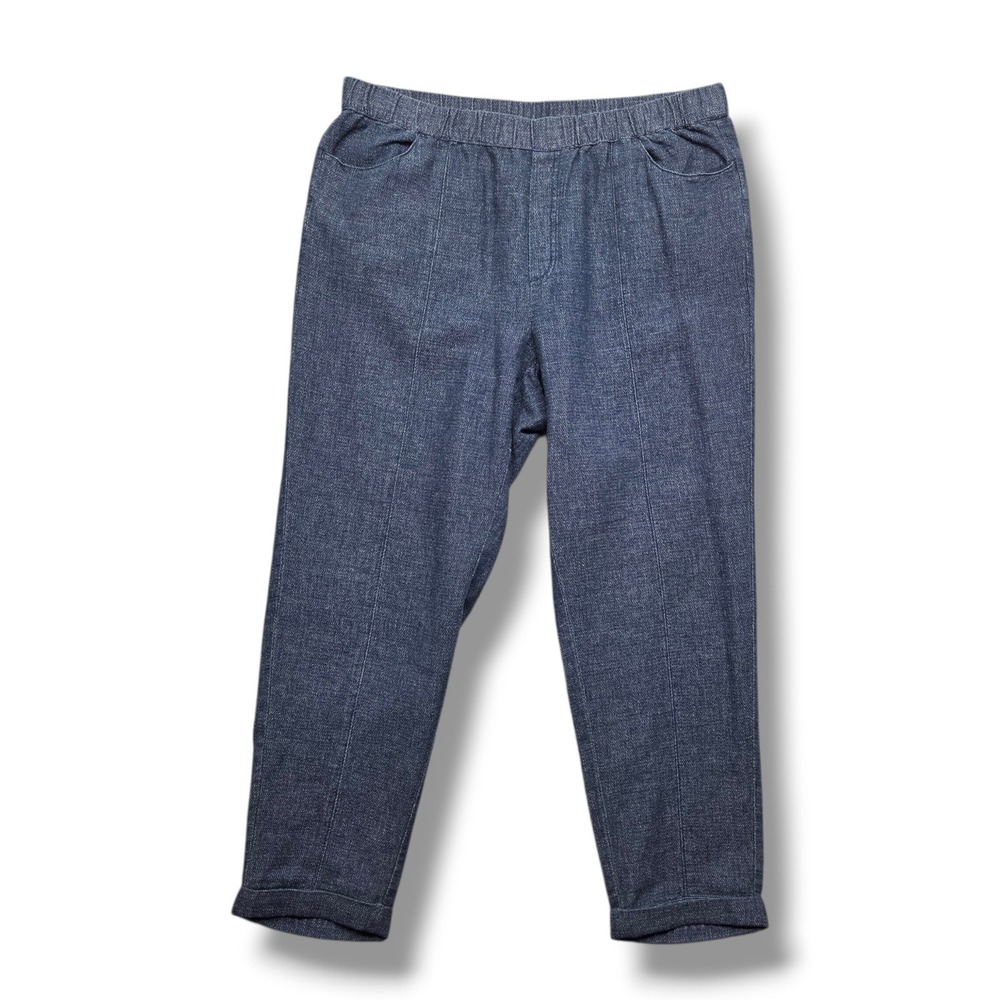 Pure Jill Indigo Hemp Pants Womens Large Roll Hem Cropped Pull On Pockets Denim